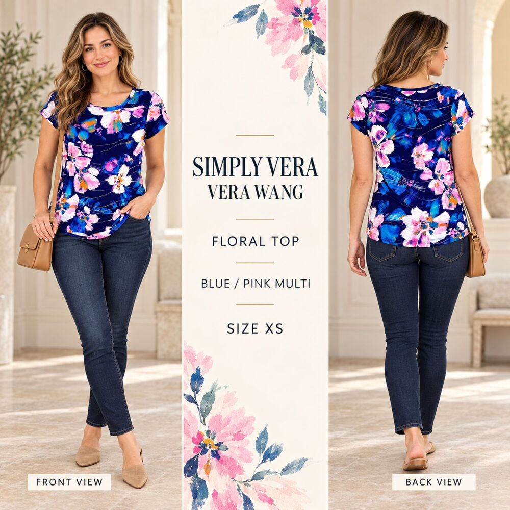 Simply Vera Wang Blue Floral Ribbed Top Womens Size XS Cottagecore Garden Party